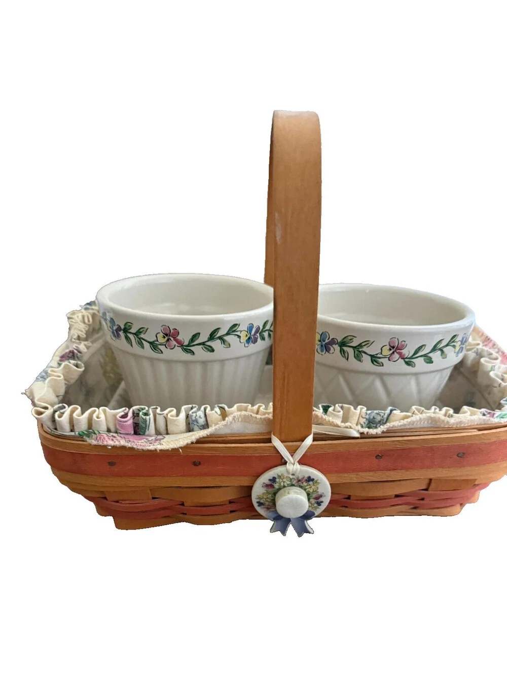 2000 Longaberger Early Blossom Basket w/Liner Protector Plate 2 Pots & Tie-On
